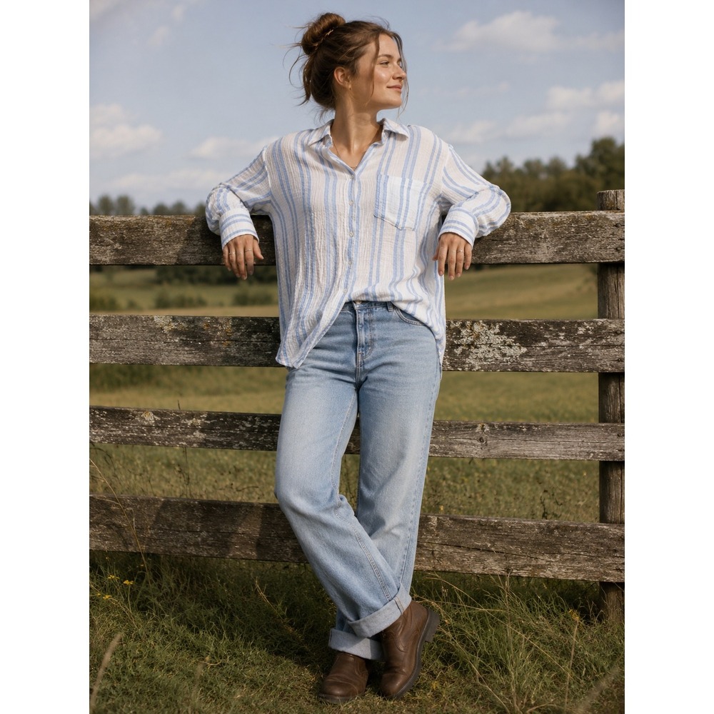 LOFT Outlet Button Down Shirt Women M Blue White Striped Gauze Long Sleeve